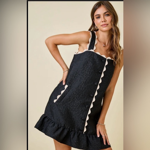 Day + Moon Dresses & Skirts - Black Mini Dress with Cream Scalloped Trim